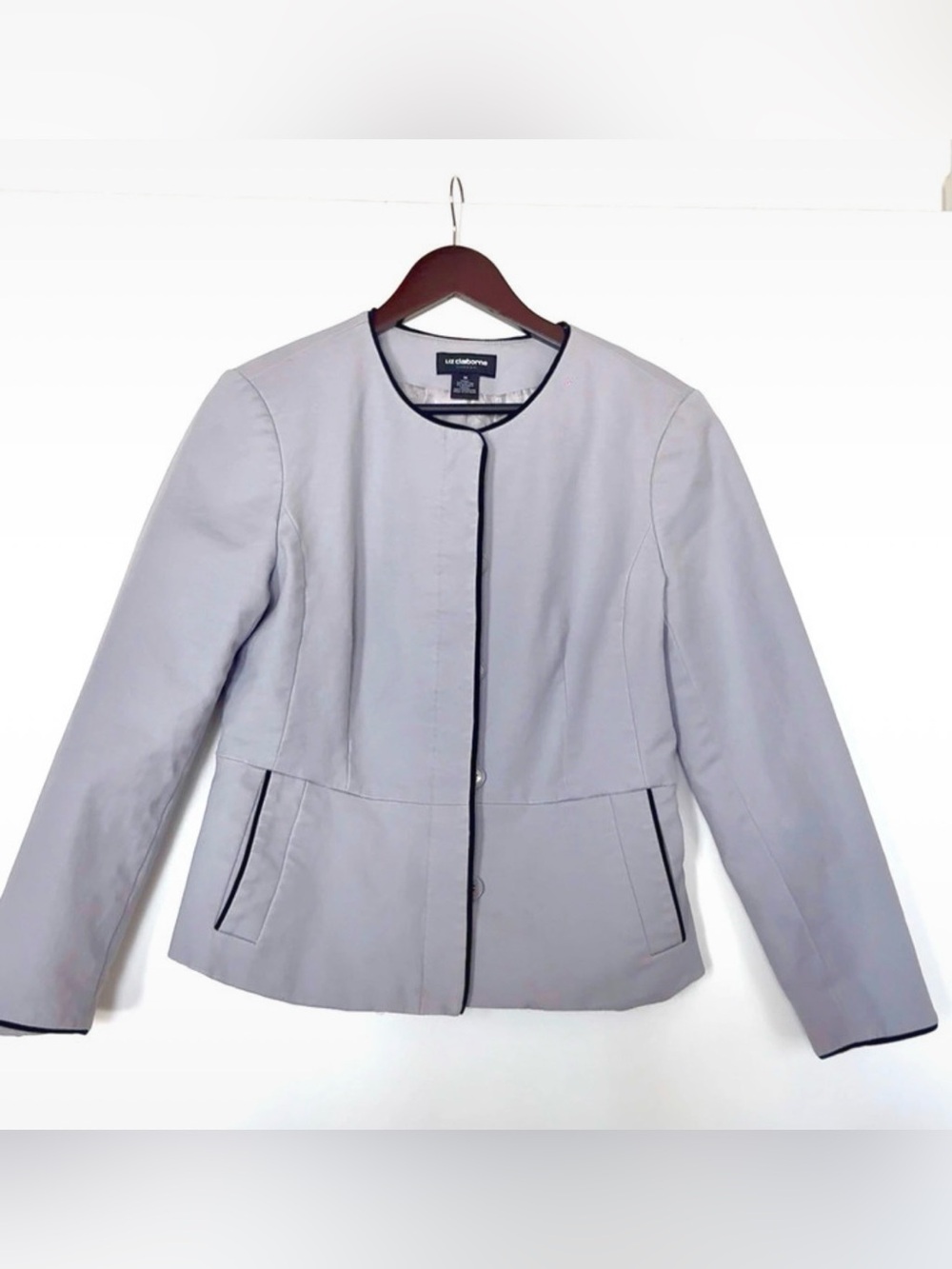 Liz Claiborne Light Gray Jacket with Black Piping